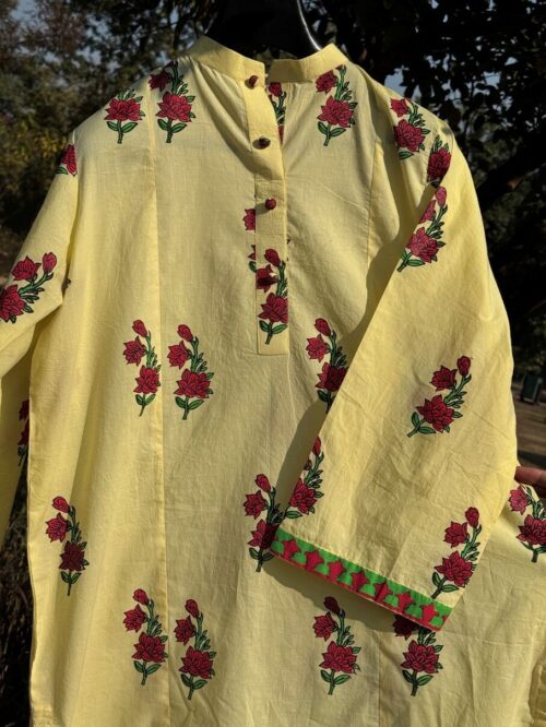 Yellow Red Gold Hand Block Printed Cotton Kurta – Front View