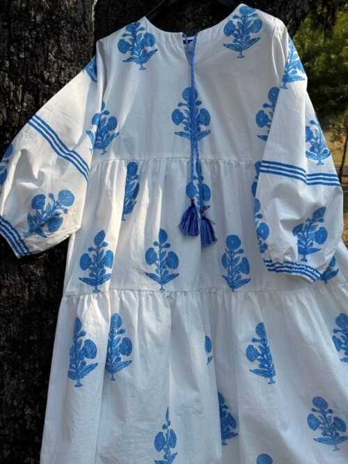 Azure Bloom Handcrafted Cotton Dress – Front View