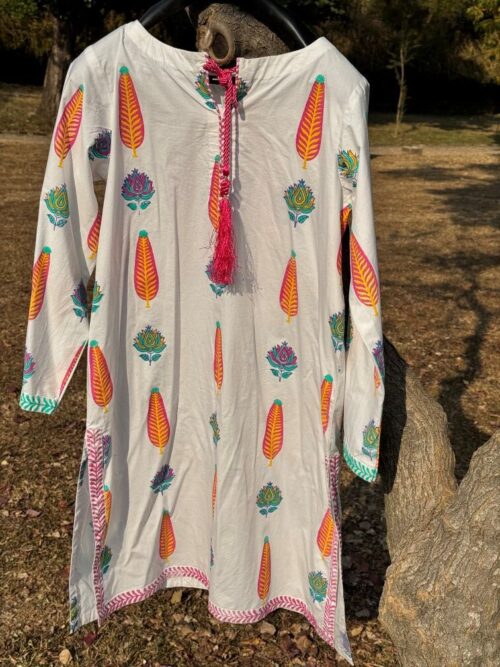 White Multicolor Hand Block Printed Cotton Kurta with Orange and Pink Motifs